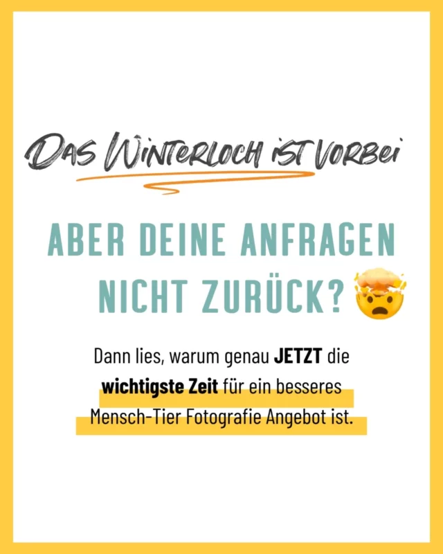 🤑Du willst mehr Kunden, mehr Umsatz pro Kunde und mehr Geld am Ende des Jahres?

Na wenn das mal nicht eine reißerische Überschrift war 😀. 
Aber sind wir mal ehrlich, ist es nicht so? Ist das nicht genau das, was wir uns alle wünschen? 

🌞Momentan ist die Stimmung aufgrund des genialen Wetters eigentlich überall top. Die Sonne scheint, das Winterloch ist endlich vorüber und die Kunden buchen auch wieder. Oder nicht? Denn bei den Tierfotografen ist die Stimmung aktuell irgendwie gar nicht optimistisch. 

Zumindest ist es das, was wir im Moment zu hören bekommen… 

🥲Die Leute buchen sehr verhalten
🥲Ich habe so wenig Anfragen, wie nie zuvor
🥲Vielen ist mein Angebot zu teuer
🥲Was soll ich denn noch machen??

Und dann kommen wir auch noch um die Ecke und ziehen dir das Geld für eine Onlinekonferenz aus der Tasche. 

💡🤓Aber lass mich mal kurz erklären, warum wir diese Konferenz GENAU JETZT geplant haben, obwohl es auch für uns total kurzfristig war und wir auch easy bis zum Herbst damit warten könnten:

✅Damit DU in diesem Jahr mehr Geld verdienen kannst. Denn was bringt es, wenn du dich vorm nächsten Winterloch weiterbildest, wo dann monatelang keiner mehr bucht und du das Gelernte gar nicht umsetzen kannst???

Lass mich dir eins sagen (und das ist kein Verkaufsgedöhns, sondern wirklich wahr!):

In der Tier-Mensch-Fotografie liegt SO VIEL MEHR GELD!

Warum? Swipe durch den Post!🤞🏻